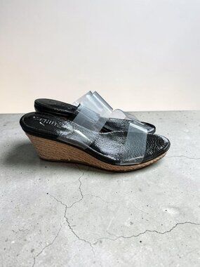 SCHUTZ Black Patent Leather Clear Strap Wedges Sandals Size 7